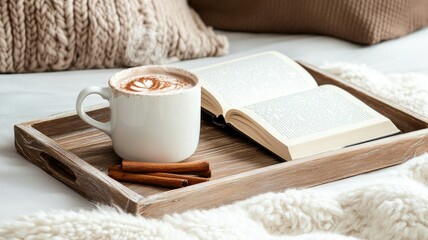 Cozy setting with hot drink, open book, and cinnamon sticks on wooden tray