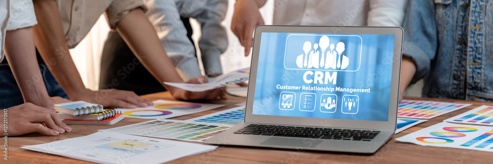 Poster customer relationship management system on brisk computer for crm business and enterprise