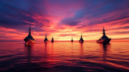 Naval ships at sunset on calm sea with colorful sky