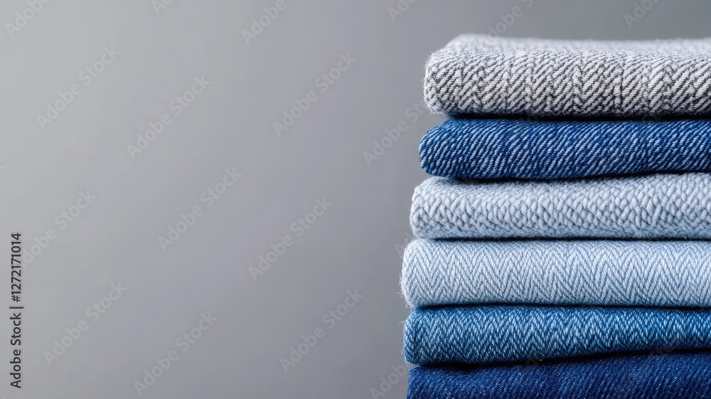 Poster neatly folded stack of blue and gray fabrics showcasing different textures patterns