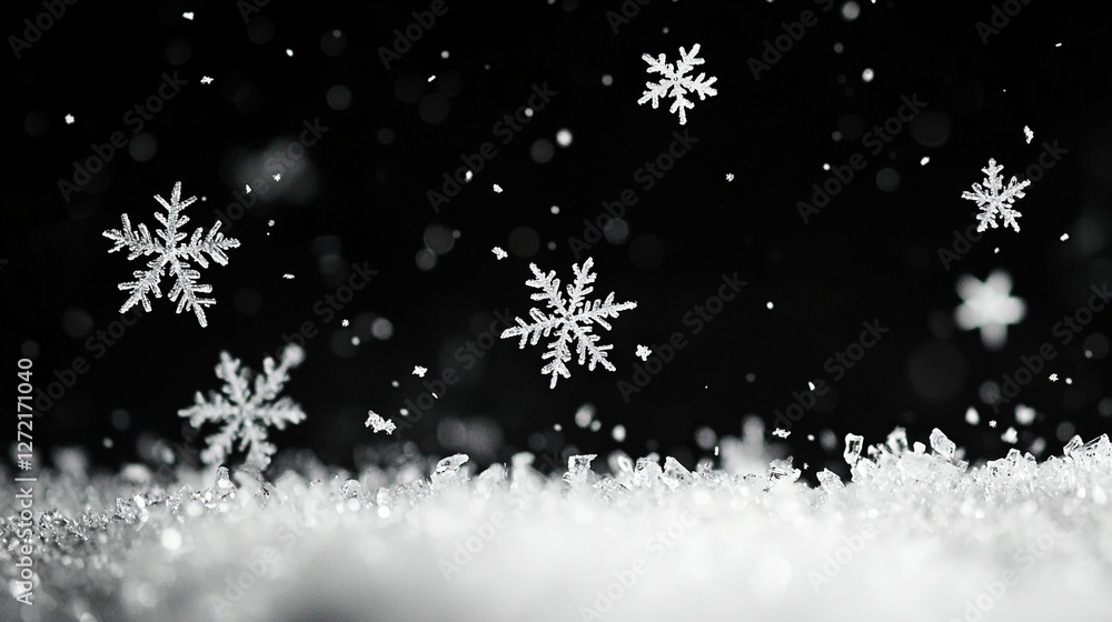 Wall mural   A black-and-white image of snowflakes falling in the air against a white snowy backdrop, featuring snowflakes in the foreground and background