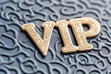 A beautifully designed gold VIP card showcases an elegant metallic finish with embossed letters on a sophisticated black textured background, embodying luxury and exclusivity.