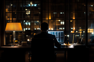 A focused businessman analyzing financial data on a laptop, reviewing charts and graphs in a modern office. 