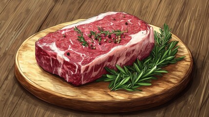 Fototapeta premium High-quality raw steak seasoned with fresh rosemary and black pepper on a wooden board, highlighting the marbling and texture of the meat.