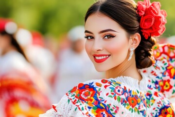 A talented dancer showcases a vibrant Jalisco dress adorned with beautiful embroidery, twirling gracefully amidst a festive atmosphere celebrating Mexican heritage and culture.