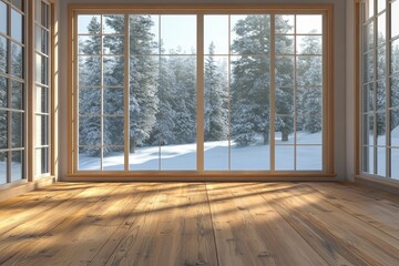 Serene Winter View from a Cozy Room with Wooden Floor, Framed by Frosted Glass and Snowy Fir Trees