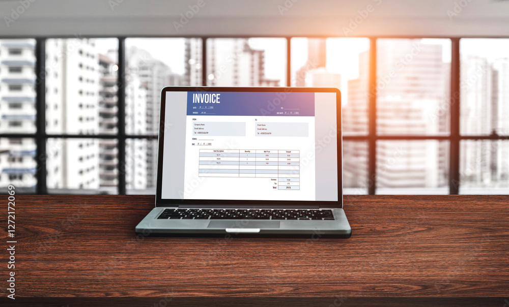 Poster invoice on computer screen from accounting application. computer program for financial and budget of