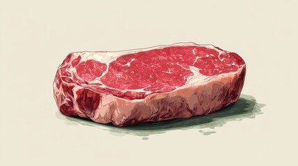 Fototapeta premium Realistic Illustrative Artwork of a Raw Marble-Cut Steak on a Smooth Surface Highlighting Texture and Freshness with Detailed Marbling Patterns