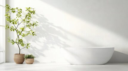   A pristine white bathtub sits adjacent to a verdant plant potched on a white countertop, all positioned beside an expansive window