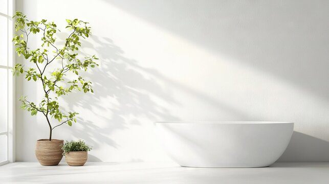   A pristine white bathtub sits adjacent to a verdant plant potched on a white countertop, all positioned beside an expansive window