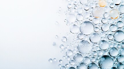   A close-up of water droplets on a white surface against a light blue sky in the background, with the blue sky in the distance