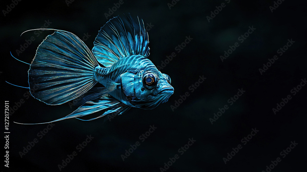 Poster   A clear photo of a blue fish on a dark background with focus on the top half and blur in the lower section