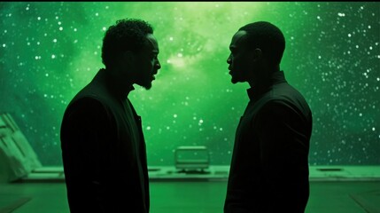 Two actors are rehearsing their lines in front of a green screen inside a film studio, preparing for a scene that will be digitally enhanced in post production