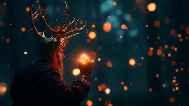 Magical reindeer holding glowing lantern in dark winter night with floating orange bokeh lights. Christmas fantasy scene for holiday cards and decorations