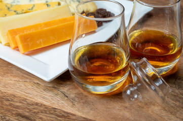 Whiskey and cheese pairing, tasting speyside whisky glasses and plate with sliced cheddar, blue stilton and blue shropshire cheeses, Great Britain food and drink