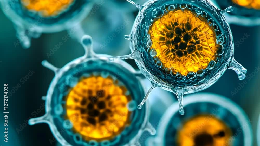 Poster microscopic view of vibrant cells showcasing intricate structures and bright orange centers in a lab