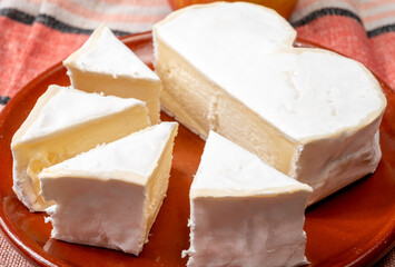 Cheese collection, French cheese from Normandy region, heart-shaped neufchatel from farm shop close up