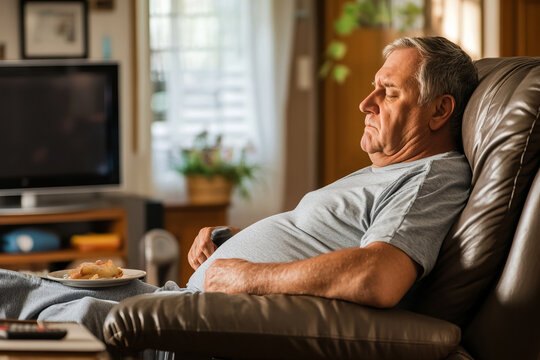 Obese man sleeping on a sofa after eating fried food, depicting unhealthy eating habits and sedentary lifestyle