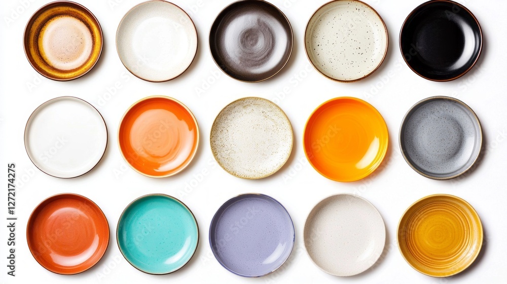 Poster a captivating arrangement of various plates with vibrant colors and unique designs. each plate offer