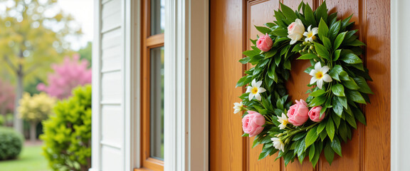 Springtime wreath adorned with pink roses and white blossoms exuding a fresh and vibrant atmosphere, welcoming spring on a wooden door surrounded by lush greenery