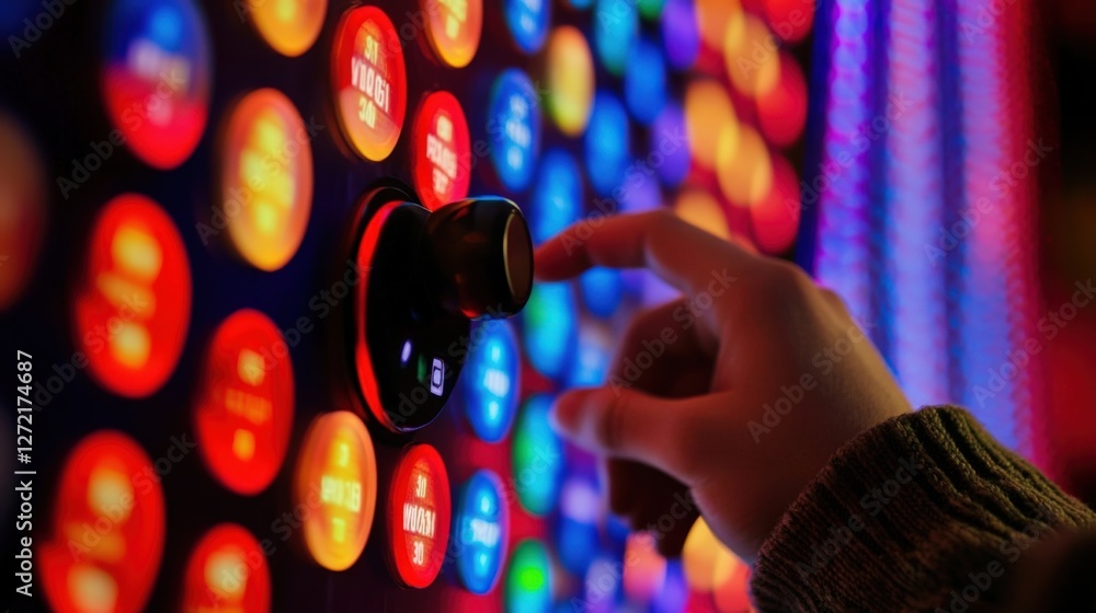 Poster close up of a filmmaker's hand working on professional video editing software, pushing colorful butt