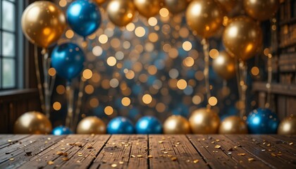 Festive Party Scene with Metallic Balloons and Glitter , christmas tree decorations