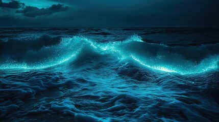 Bioluminescent plankton glowing in dark ocean waves
