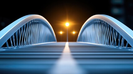 Modern illuminated bridge at night with central light