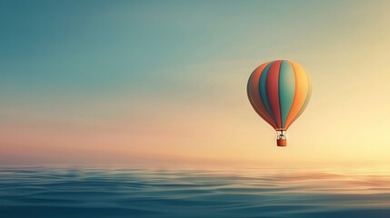 Obraz premium A hot air balloon soars over an ocean as the sun sets on the horizon