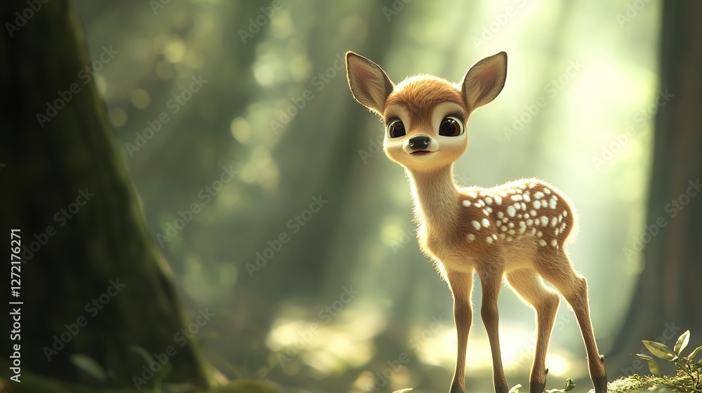 Poster a deer standing amidst a forest with light illuminating its face and a tree behind it