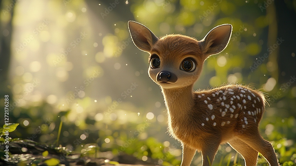 Poster a close-up of a tiny deer in a sea of green grass with towering trees in the backdrop, bathed in gol