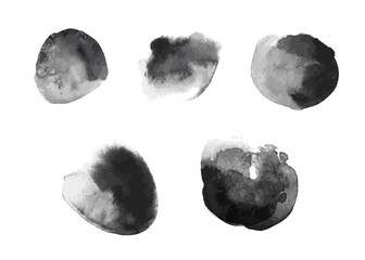 Black ink blob watercolor spot set, vector dark abstract grunge stain collection, dirty splash. Vector elements.
