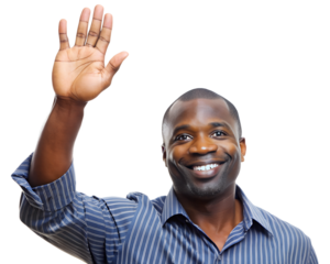 African American man raising hand isolated on white background