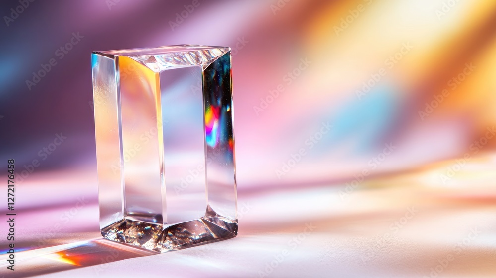 Poster clear crystal prism refracts light creating colorful spectral patterns
