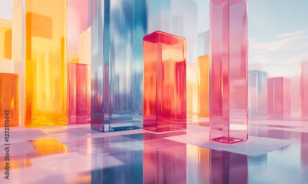 Poster abstract translucent colorful glass structures reflecting on a smooth surface creating a modern desi