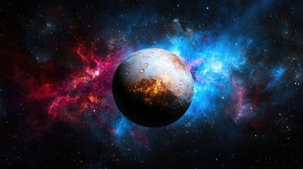 Obraz premium Distant, rocky planet surrounded by vibrant space nebulae