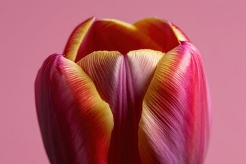 Close-up of a vibrant tulip with red, yellow, and orange petals, set against a soft pink background, showcasing delicate texture and colors