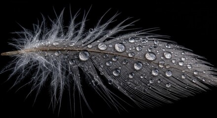 A macro shot of a single delicate feather covered in glistening water droplets. The fine strands of the feather are magnified through the droplets, creating a dreamy and elegant composition