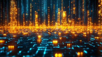 Obraz premium Futuristic city, digital rain, glowing network, abstract background, tech concept