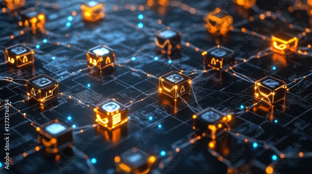 Aufkleber blockchain network connecting digital blocks with glowing lines, representing a futuristic design id
