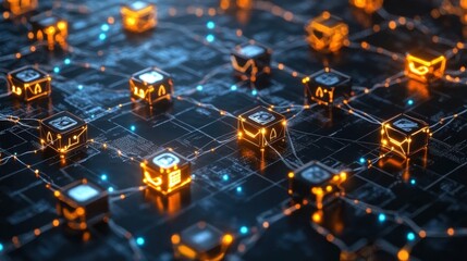 Blockchain network connecting digital blocks with glowing lines, representing a futuristic design ideal for concepts related to cybersecurity, cryptocurrency, and decentralized technology
