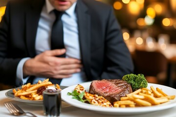 Man in suit holding stomach after meal in restaurant, overeating and indigestion concept.