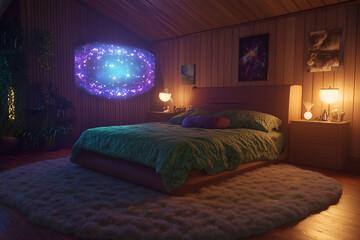 70s-inspired retro bedroom with holographic dream enhancer