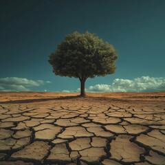 Lone tree standing against a vast desert landscape symbolizes resilience amidst challenging conditions, set against a backdrop of cracked earth and a vivid blue sky under fluffy clouds in a serene aft