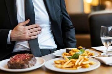 Man in suit holding stomach after meal in restaurant, overeating and indigestion concept.