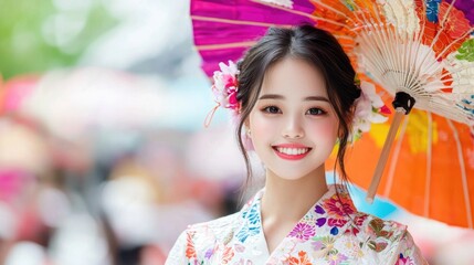 Smiling woman in kimono, festival, Japan, blurred background