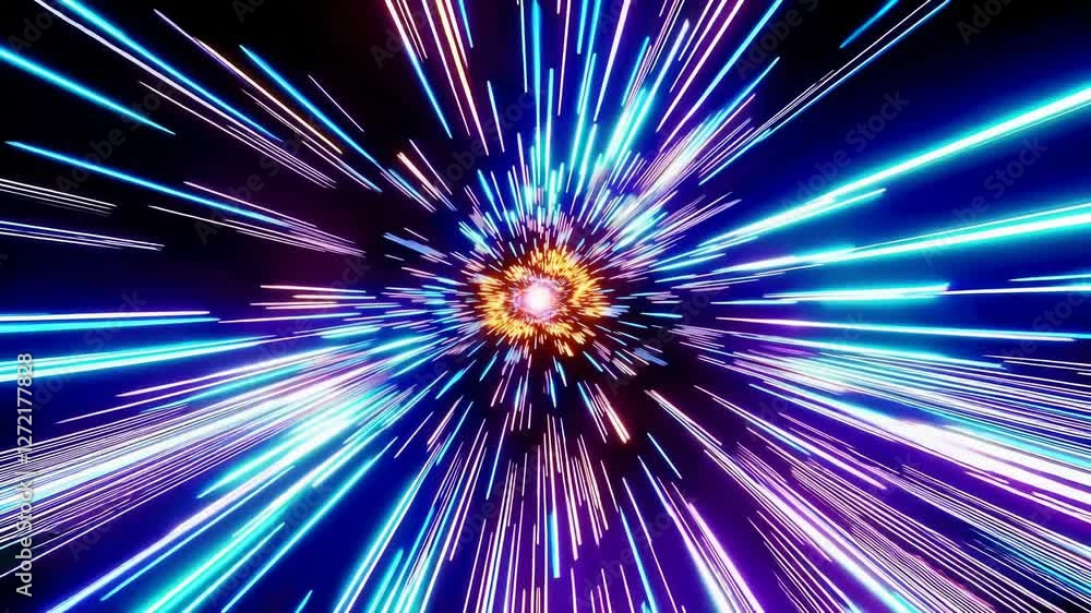 Poster Dynamic burst of colorful light rays resembling a cosmic explosion, energy and motion concept