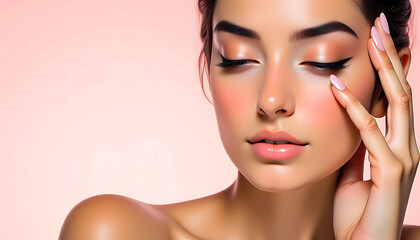 Fototapeta premium Serene Beauty Portrait with Glamorous Makeup on Soft Pink Background