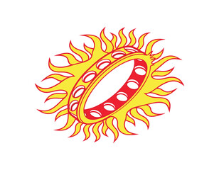vibrant yellow and red sun with a circular ring in the center, featuring multiple small circles, creating a dynamic and energetic design
