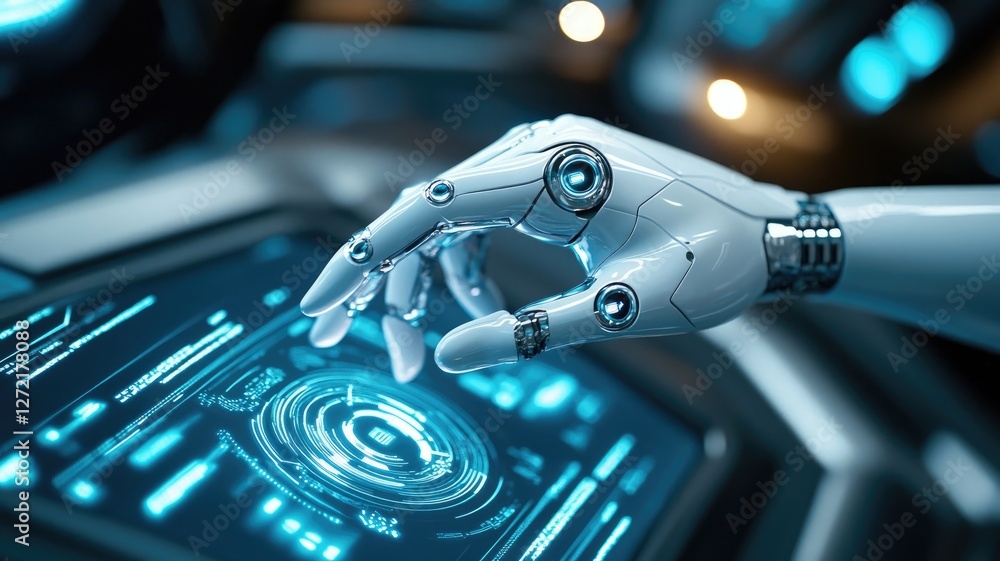 Poster futuristic robotic hand interacting with high-tech digital interface